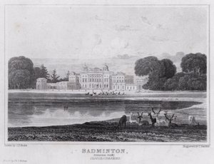 Badminton, Widok ogólny, Gloucestershire (grawerowanie) autorstwa John Preston Neale