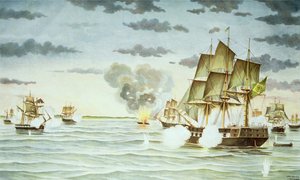 Bitwa pod Quilmes podczas wojny cisplatyńskiej (1825-28) między Urugwajem a Brazylią (rycina) autorstwa J. Raison