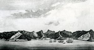 Widok na zatokę Cumberland Bay na wyspie Juan Fernandes, ok. 1745 (rycina) autorstwa J. S. Mason