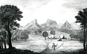 Widok namiotu Commodore na wyspie Juan Fernandes, ok. 1745 (rycina) autorstwa J. S. Mason