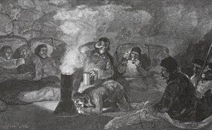 Wnętrze naszej Zimowej Chaty w Camp Clay, podczas gotowania, 1883 pub. Londyn 1886