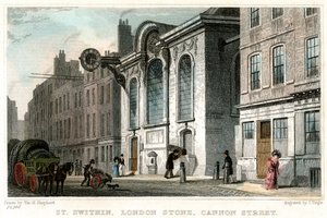Kościół św. Swithina i kamień londyński, Cannon Street, City of London, c1830.
