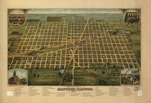 Widok z lotu ptaka na Mattoon, Illinois 1884. autorstwa J. W. Shober and Carqueville Smith