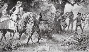 Gareth rzucił się na rabusiów i uderzył tak odważnie, że uciekli (litografia) autorstwa J. Williamson