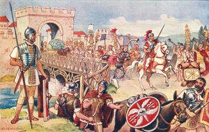 Imperium Rzymskie - kolumna żołnierzy posuwająca się przez most. autorstwa J. Williamson