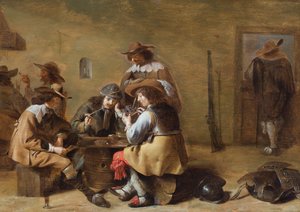 Wnętrze wartowni z kawalerzystami grającymi w karty (olej na panelu) autorstwa Jacob (attr.to) Duck