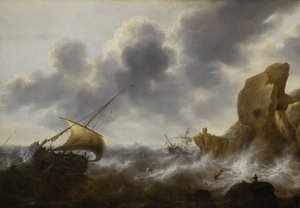 Łódź rybacka na skalistym wybrzeżu podczas sztormu z wrakiem, ok. 1664-65 (olej na płycie) autorstwa Jacob Adriaensz. Bellevois