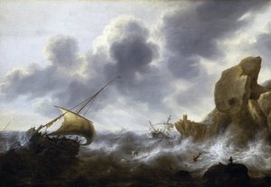 Łódź rybacka złapana przez sztorm w pobliżu skalistego wybrzeża, z wrakiem statku. Olej na płótnie autorstwa Jacoba Adriaensza Bellevois (1621-1675). autorstwa Jacob Adriaensz. Bellevois