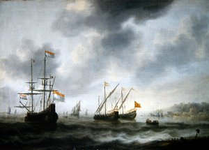 Holenderski okręt flagowy De Roode Leeuw i dwa angielskie statki (olej na płótnie) autorstwa Jacob Adriaensz. Bellevois