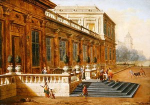 Powrót syna marnotrawnego na schodach klasycznego pałacu (olej na płótnie) autorstwa Jacob Balthasar Peeters