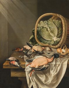 Kuchenna martwa natura z przewróconym koszem z sałatą, dziczyzną i warzywami autorstwa Jacob Biltius