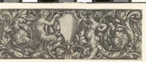Fryz z tarczą noszony przez satyrę mężczyznę i kobietę autorstwa Jacob Binck (signed by artist)