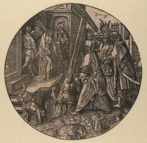 Piłat pokazuje ludziom Chrystusa (Ecce Homo) Okrągła Pasja (tytuł serii) autorstwa Jacob Cornelisz van Oostsanen