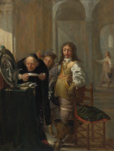 Kawalerzysta sprzedający swoje towary, starszy mężczyzna czytający dokument i młody chłopiec trzymający monetę autorstwa Jacob Duck