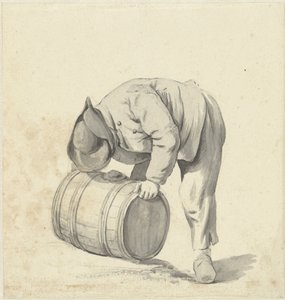 Mężczyzna pochyla się, by podnieść beczkę