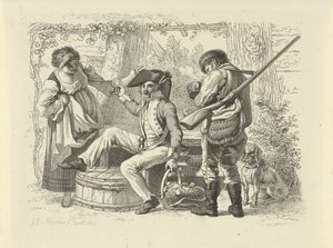 Żołnierz z podniesionym szkłem między kobietą a myśliwym Odbitki studyjne / Etiudy gravées (tytuł serii) autorstwa Jacob Ernst Marcus