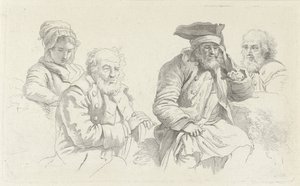 Arkusz do nauki z trzema starszymi mężczyznami i młodą kobietą Odbitki studyjne / Etiudy gravées (tytuł serii) autorstwa Jacob Ernst Marcus