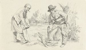 Arkusz do nauki ze zbieraczem drewna i mężczyzną z piłą Odbitki studyjne / Etiudy gravées (tytuł serii) autorstwa Jacob Ernst Marcus
