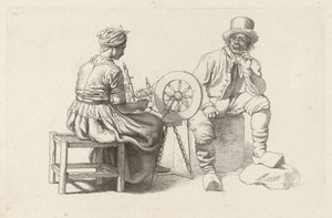 Arkusz do nauki z kobietą przy kołowrotku i siedzącym mężczyzną Odbitki studyjne / Etiudy gravées (tytuł serii) autorstwa Jacob Ernst Marcus