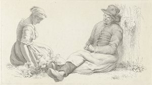 Arkusz do nauki z siedzącym mężczyzną i młodą kobietą Odbitki studyjne / Etiudy gravées (tytuł serii) autorstwa Jacob Ernst Marcus
