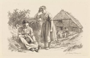 Dwie kobiety i mężczyzna z dziećmi przed stodołą Odbitki studyjne / Etiudy gravées (tytuł serii) autorstwa Jacob Ernst Marcus