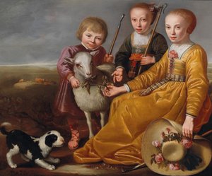 Troje dzieci z kozą i pieskiem w krajobrazie, 1639.