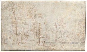 Zamek Moated i wioska autorstwa Jacob Grimmer
