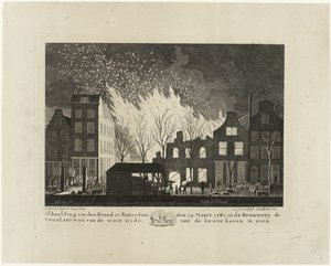 Pożar w browarze De Twee Leeuwen w Rotterdamie, 1782 Zdjęcie den Brand w Rotterdamie 19 marca 1782 w Brouwery de Twee Leeuwen od zachodniej strony Leuvehaven (tytuł na obiekcie) autorstwa Jacob Groenendijk