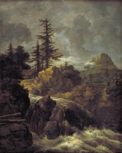 Krajobraz z wodospadem i chatą autorstwa Jacob van Ruisdael