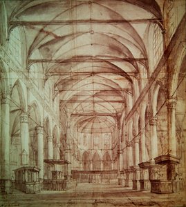 Widok wnętrza Oude Kerk (starego kościoła) w Amsterdamie (grafit i tusz na papierze) autorstwa Jacob van Ruisdael
