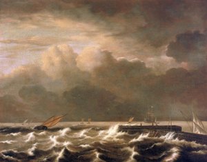 Wzburzone morze rozbijające się o molo, ukazujące małe łodzie rybackie złapane w sztorm. Olej na płótnie autorstwa Jacoba Isaakszoona van Ruisdaela (Ruysdael) (1628-1682). autorstwa Jacob Isaakszoon van Ruysdael