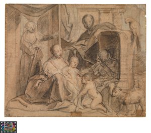 Niemiecki: Święta Rodzina z Elżbietą i św. Janem Chrzcicielem (z tyłu: drzwi, otwór drzwiowy i Hermes)
niderlandzki: De Heilige Familie met Elisabeth en de kleine Johannes (keerzijde: Deur, deuropening en Hermes) autorstwa Jacob Jordaens