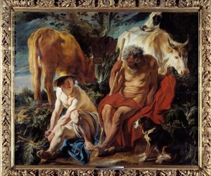 Merkury i Argus Merkury zostaje obciążony przez Zeusa, by zasnął Argusowi, strażnikowi Io, przemienionego w genissa przez Herę. Obraz Jacoba Joardaensa (1593-1678) 1625 nd. 2,02x2,41 m Lyon, Musee des Beaux Arts autorstwa Jacob Jordaens