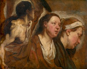 Dwie kobiece głowy i tors wojownika autorstwa Jacob Jordaens