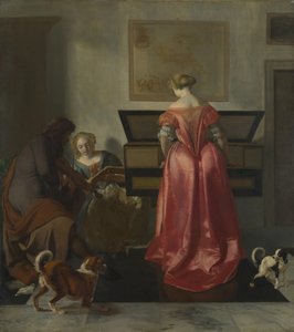Dwie kobiety i mężczyzna tworzący muzykę, ok. 1675 autorstwa Jacob Lucasz. Ochtervelt
