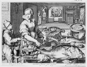 Scena kuchenna ze służącą kuchenną przygotowującą rybę, Chrystus w Emaus w tle, z cyklu Sceny kuchenne i targowe ze scenami biblijnymi w tle autorstwa Jacob Matham