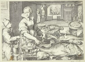 Scena kuchenna z panią w kuchni czyszczącą rybę autorstwa Jacob Matham