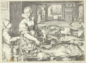 Scena kuchenna z panią w kuchni czyszczącą rybę autorstwa Jacob Matham