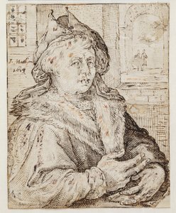 Portret mężczyzny w kapeluszu i płaszczu z futrzanym rondem, twarzą do h. T.h. przez okno otwierające się na inne pomieszczenia autorstwa Jacob Matham