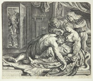 Śpiący Samson na kolanach Dalili autorstwa Jacob Matham