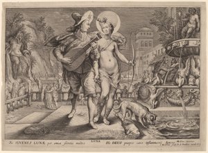 Diana jako Luna towarzysząca serenady młodemu mężczyźnie autorstwa Jacob Matham, after Hendrik Goltzius