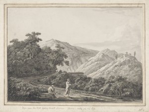 Widok w pobliżu Młyna w kierunku Licenzy: po lewej Willa Horaces, 1783 (szary wash z piórem i czarnym tuszem na papierze)