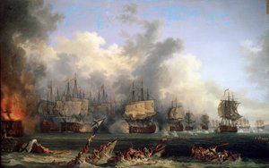 Zatonięcie rosyjskiego pancernika St. Evstafius w bitwie morskiej pod Chesmą, 1771.