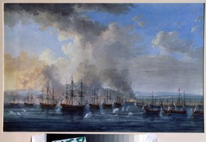 Wojna rosyjsko-ottomańska: „Bitwa morska pod Damiettą w 1770 r.” (Bitwa morska pod Damiettą w 1770 r.) Przeciwstawiała się flotom Rosji Katarzyny II i Imperium Osmańskiego (Rewolucja Orloffa lub Ekspedycja braci Orloff). Farba autorstwa Jacob Philippe Hackert
