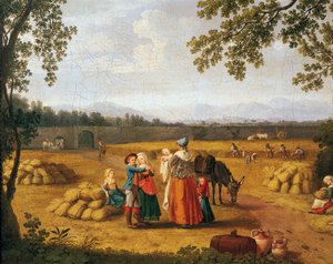 Rodzina królewska żniwa na Carditello Estate (olej na płótnie) autorstwa Jacob Philippe Hackert