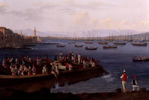 Zatoka Neapolitańska w pobliżu Santa Lucia pokazuje floty morskie powracające z Algieru autorstwa Jacob Philippe Hackert