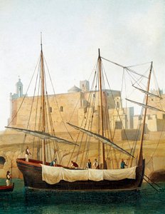 Widok statku w porcie Monopoli, Apulia, Włochy - (Statek w porcie Monopoli) Obraz Jacoba Philippa Hackerta dit Hackert d