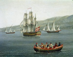 Widok statków w Detroit of Messina, Reggio Calabria, Italy - (Statki w prostej linii Mesyny między Reggio Calabria a Sycylią) Szczegółowy obraz Jacoba Philippa Hackerta dit Hackert d