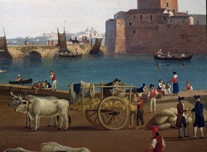 Widok na port Taranto (Taranto) we Włoszech w XVIII wieku Dokerzy w porcie wyładowujący towar, powóz ciągnięty przez woły - Obraz Jacoba Philippa Hackerta dit Hackert d