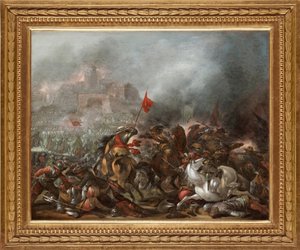 Bitwa między Turkami a chrześcijanami podczas zdobycia Konstantynopola przez wojska osmańskie w 1453 r. - Obraz Jacoba Matthiasa Weyera (1620-1670), olej na desce (39x49 cm) - Wojna turecka, Olej na desce autorstwa Jacoba Matthiasa Weyera - Kolekcja prywat autorstwa Jacob Weyer